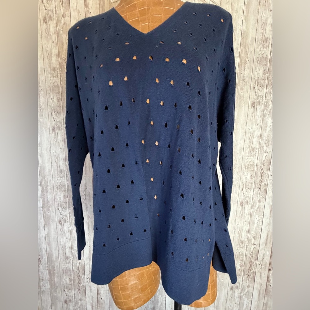 J. Society New York Blue Punch-Hole Eyelet Oversized V-Neck Sweater Small